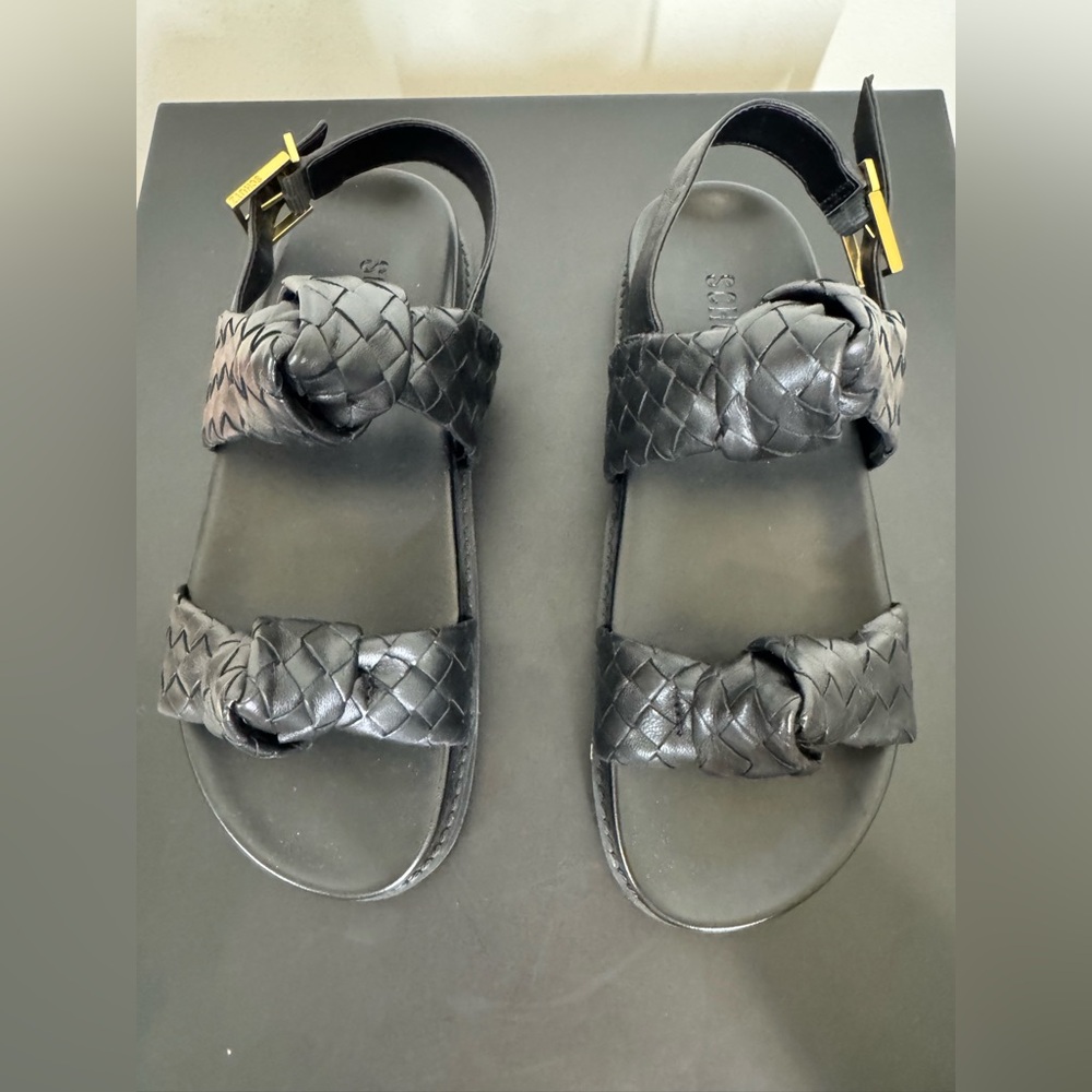 NWT SCHUTZ Black Braided Sandals Size 5.5 gold accents with box & receipt - Picture 2 of 8